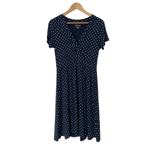 L.L. BEAN NAVY BLUE SURPLICE STYLE CLASSIC POLKA DOT MIDI DRESS, MEDIUM